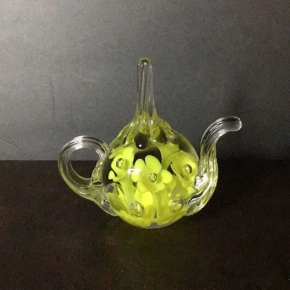 Paperweight Handblown controlled release, air, bubble, floral teapot